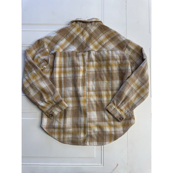 Pie In The Sky Women’s Oversized Medium Plaid Flannel Shirt Yellow Tan White - Picture 6 of 6